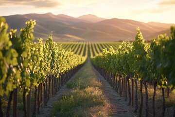 Obraz premium Sunset light over vineyard hills, peaceful scenery