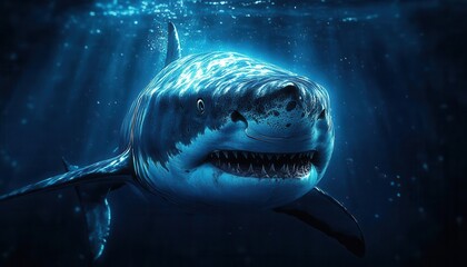 Fototapeta premium Shark swimming stealthily through deep blue waters, with an intense and focused gaze, Intense, Cool Tones, Detailed