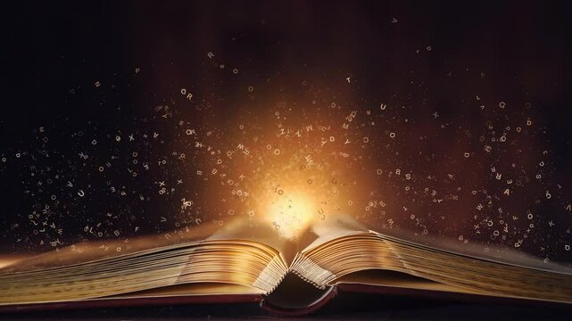 Magic book with light sparkles and shine. Fairy tale book with open pages, magic shiny stars light and sparkling fireworks with floating letters. Loop animation.