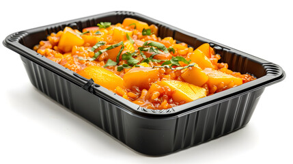 Black plastic rectangular container of Thai food isolated white background