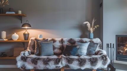 A Scandinavian-style living room with a sofa made of fur and woolen blankets, against a grey wall, a fireplace, a few decorative items including a lamp, a vase and a wooden shelf.