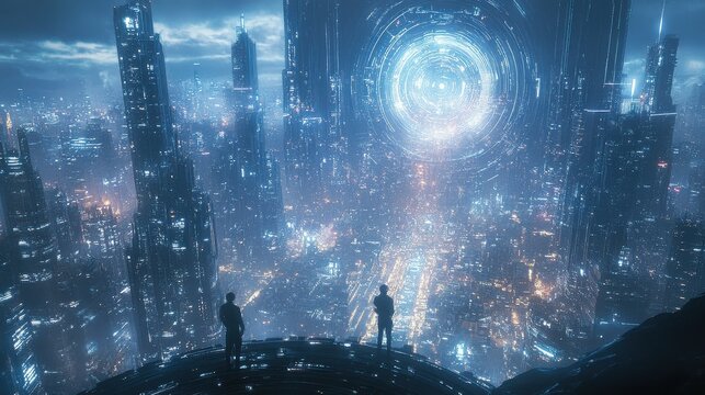 AIcontrolled metropolis, futuristic architecture, innovative technology, holographic displays.