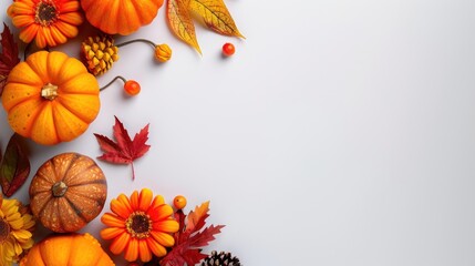 A captivating autumn floral border showcases colorful pumpkins, assorted leaves, and bright flowers against a clean white background, ideal for seasonal promotions or decor - Powered by Adobe