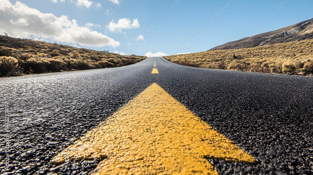 Poster 3. **visualize a straight road with a bold arrow marked on it, extending into the horizon. the image