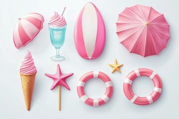 Summer essentials set, pink PNG, transparent