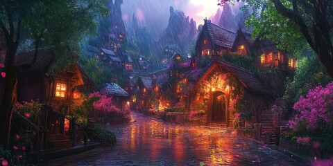 Fototapeta premium Rainy night in a fairytale village.
