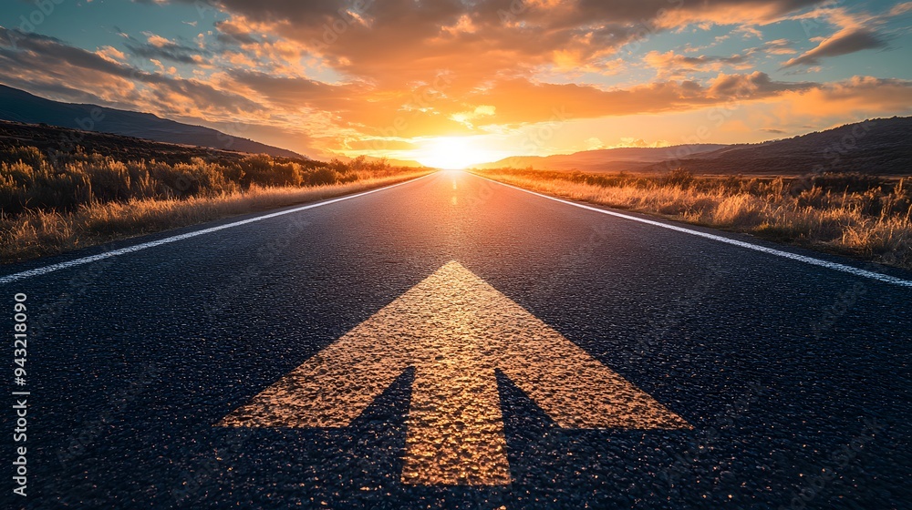 Poster 3. **visualize a straight road with a bold arrow marked on it, extending into the horizon. the image