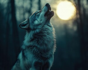 Wolf howling at the moon in a dark forest, with a mysterious and intense atmosphere, Mysterious, Cool Tones, Atmospheric