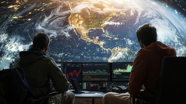 Two businessmen stand silhouetted against a futuristic cityscape, gazing at a digital rendering of Earth, highlighting global reach and technological advancement.