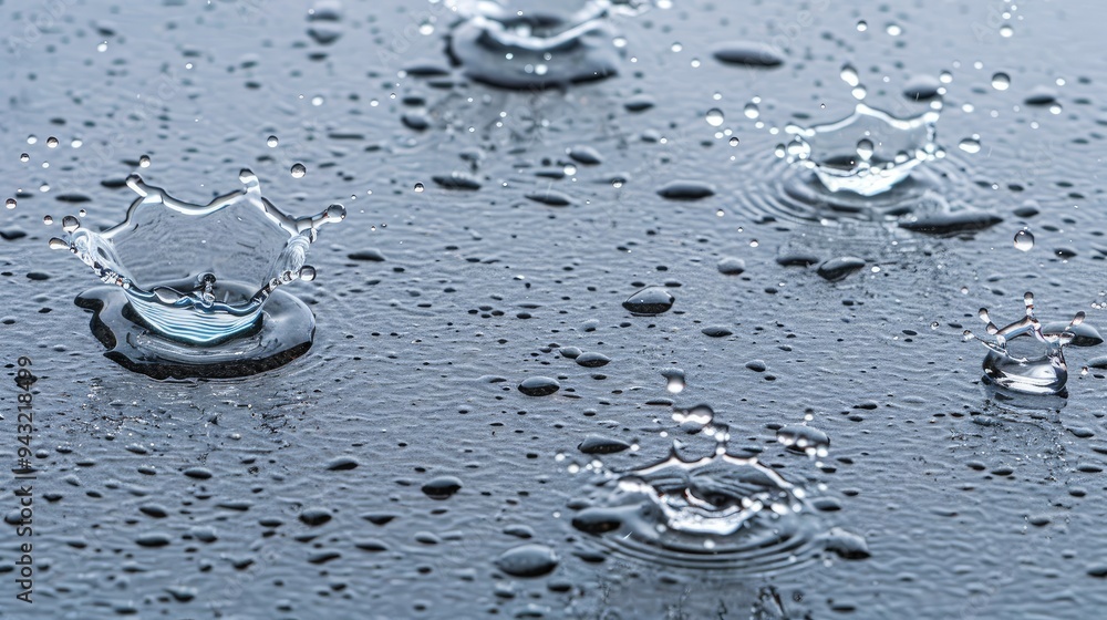 Poster raindrops descend onto a dark surface, creating dynamic splashes that enhance the energy of the atmo
