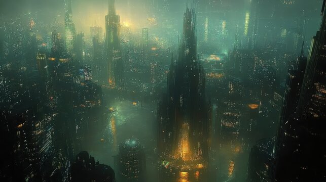 AIcontrolled metropolis, futuristic architecture, innovative technology, holographic displays.