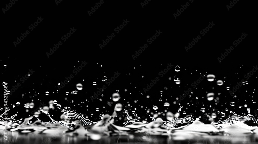 Poster raindrops fall and splatter on the ground, creating high-contrast water splashes. a blurred black ba