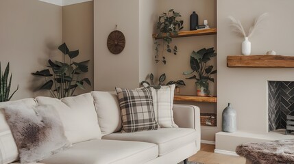 A modern living room with a beige sofa, a plaid cushion and a fur cushion on the sofa, a hygge and scandinavian interior design, a fireplace, wooden shelves.