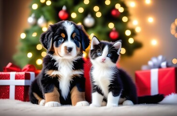 A beautiful little kitten and a black Bernese Mountain Dog puppy are sitting in the house against the background of a Christmas tree. A postcard for the New Year and Christmas.