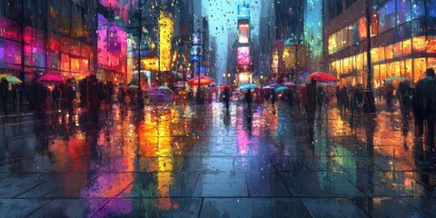 Rainy night cityscape with colorful reflections.