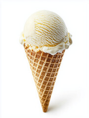 A classic waffle ice cream cone with a single scoop of vanilla ice cream, isolated on a white background