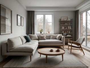 Modern Living Room Interior with Sectional Sofa and Wooden Coffee Table