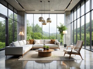 Fototapeta premium Sleek white sofa and armchair arrangement amidst floor-to-ceiling windows, surrounded by minimalist decor, polished concrete floors, and a statement light fixture.