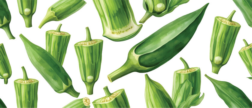 Green Okra Vegetable Pattern Background &ndash; Fresh Organic Okra Seamless Watercolor Texture for Kitchen, Food Packaging, and Healthy Diet Design