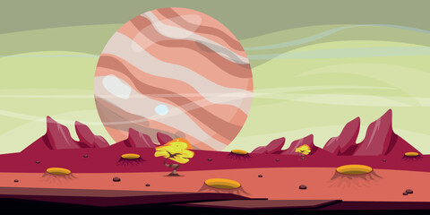 Vector illustration of an amazing space landscape. Cartoon scene of a fantastic outer space with a giant planet, rocks, craters after the fall of meteoroids, stones, a tree with a twisted trunk. © MVshop