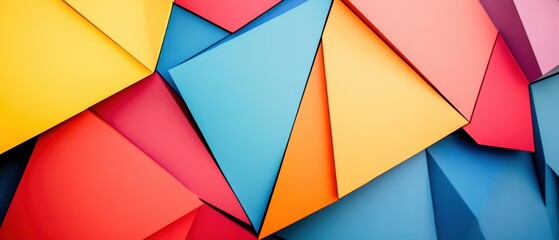 Vibrant geometric patterns in colorful paper layers showcasing bright hues of red, blue, yellow and orange for creative projects.