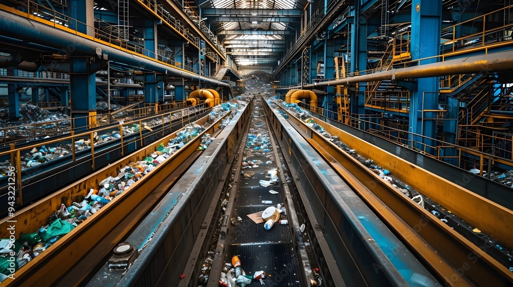 Poster modern recycling plant with efficient conveyor belts and sorting machines processing various waste m