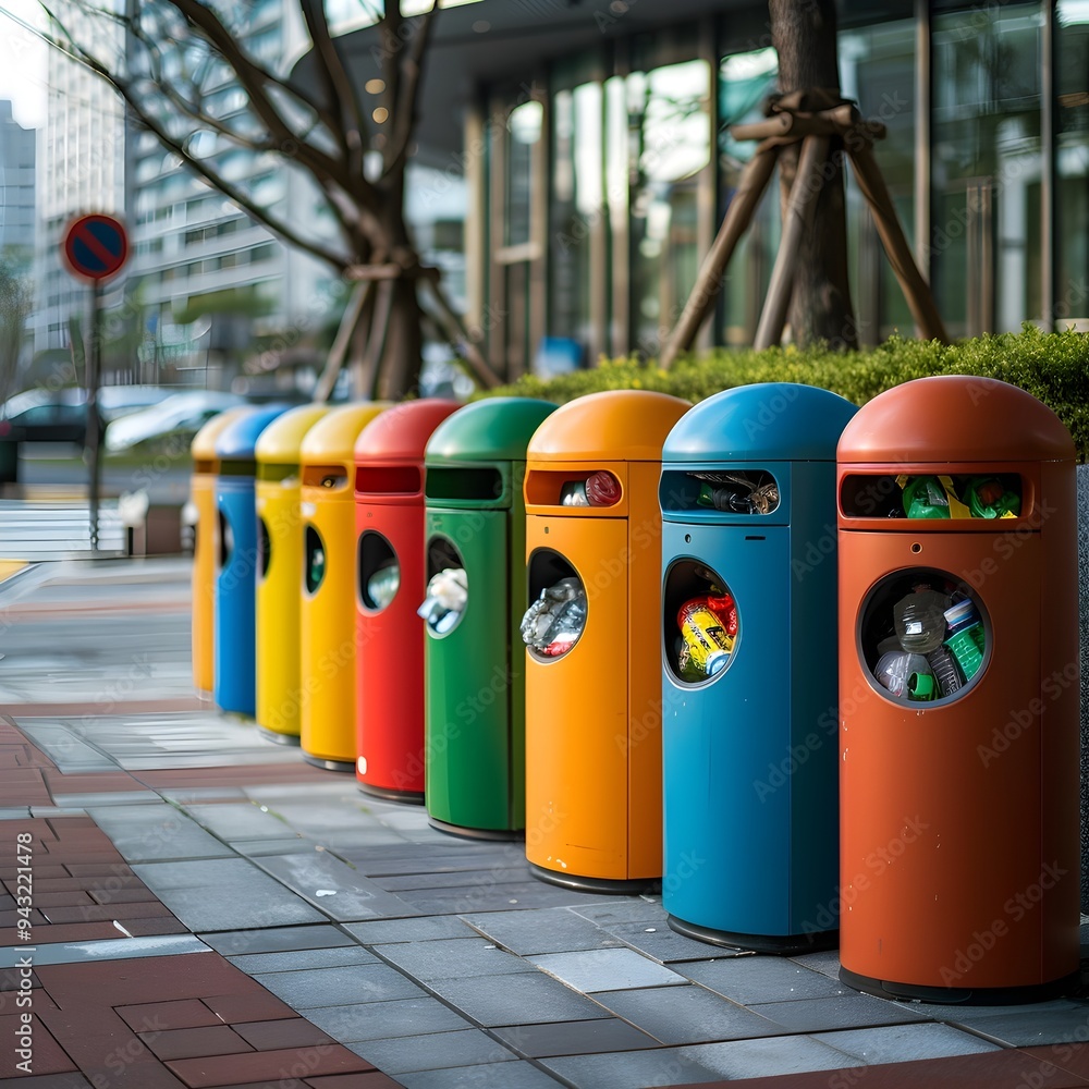 Poster automated waste sorting bins with sensors in a clean urban environment for sustainable waste managem