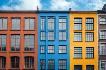 Obraz premium Colorful Facade of European Townhouses with Contrasting Red, Blue and Yellow Paint on Sunny Day