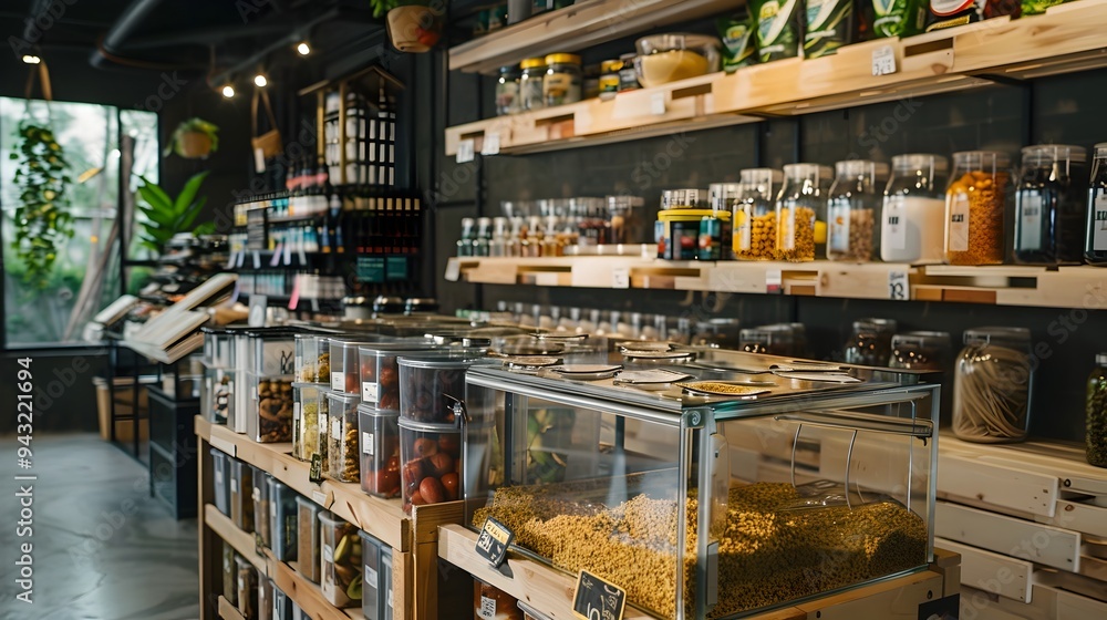 Poster zero waste grocery store with bulk bins and reusable containers promoting sustainable shopping pract
