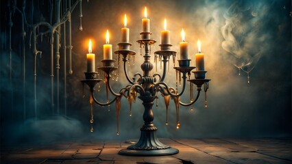 Vintage chandelier with glowing candles in a dark room, eerie and atmospheric decor