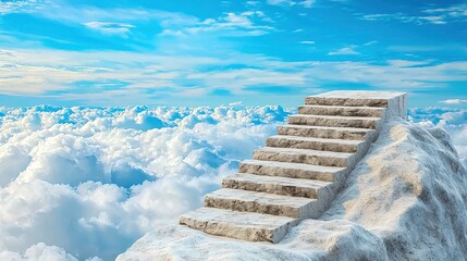 A majestic staircase rises above fluffy clouds, symbolizing dreams and aspirations, under a vast blue sky.