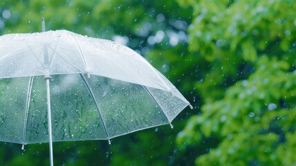 An open clear umbrella protects against gentle rain, showcasing water droplets against a vibrant green backdrop. The soft lighting enhances the tranquil atmosphere of the scene