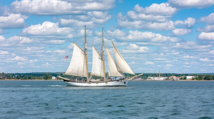 Fototapeta premium An old white sailboat with large sails glides gracefully over clear blue waters under a sunny sky. Green islands add a picturesque touch to the vibrant scenery surrounding the vessel