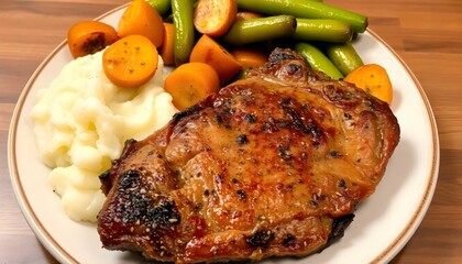 A plate of meat with a side of mashed potatoes and vegetables. The meat is cooked and seasoned perfectly, and the vegetables are roasted.