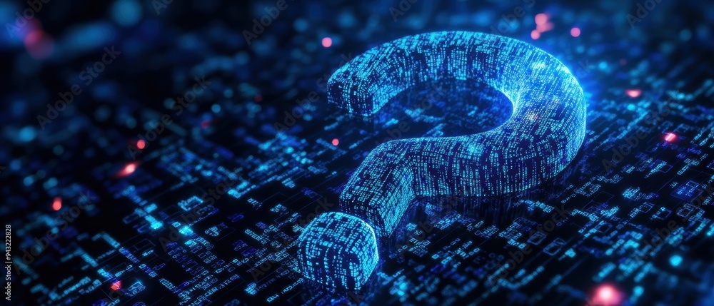 Poster a digital question mark made of glowing binary code, symbolizing inquiry, technology, and data in th