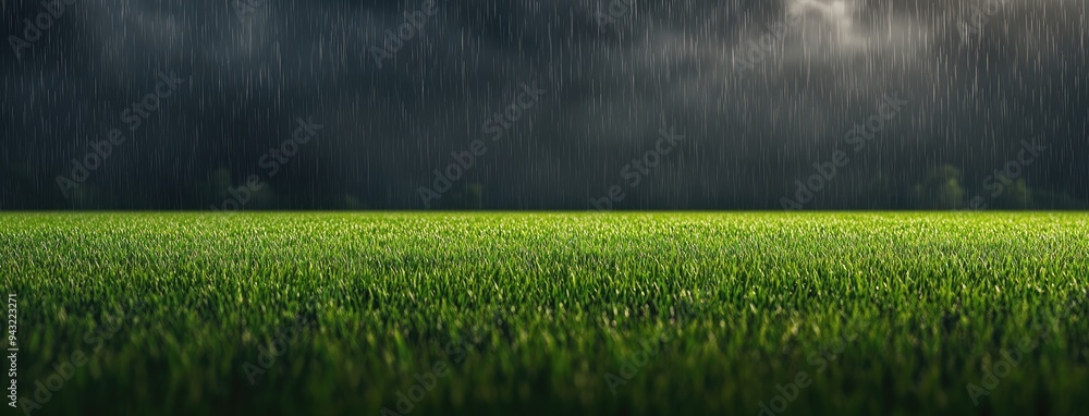 Poster raindrops cascade onto lush green grass in a calm meadow, creating a tranquil atmosphere perfect for