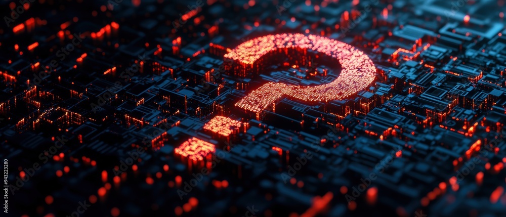 Poster a glowing question mark on a digital circuit board, symbolizing inquiry and curiosity in technology 