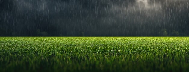 Raindrops cascade onto lush green grass in a calm meadow, creating a tranquil atmosphere perfect for text placement and design enhancement