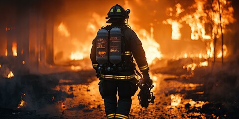 Firefighter walking through blazing inferno.