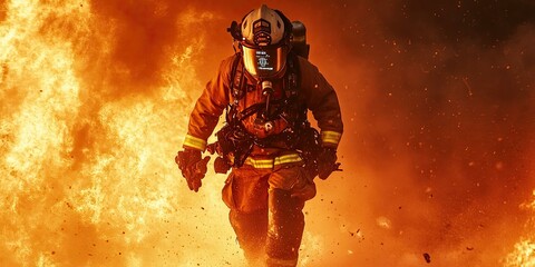 Fototapeta premium Firefighter in full gear standing in fire.
