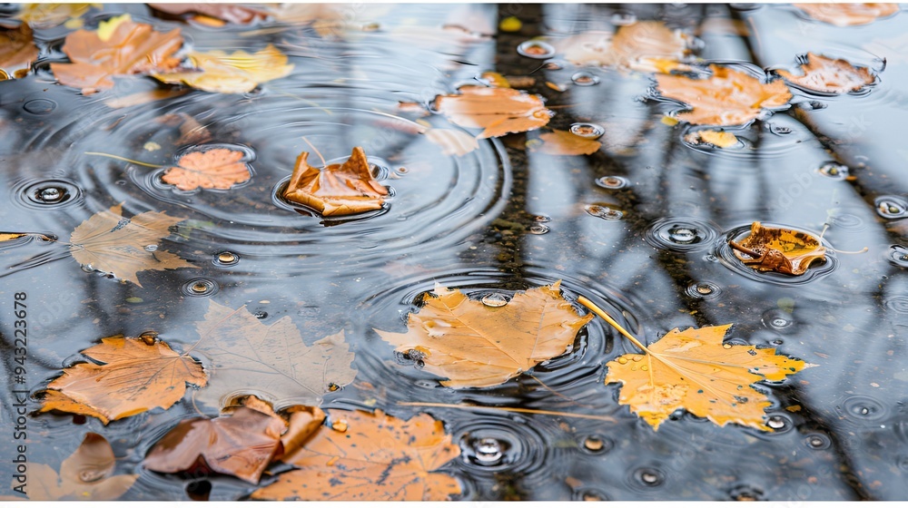 Poster raindrops create intricate patterns on the surface of a tranquil lake, forming ripples and splashes 