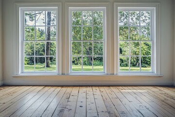 Architecture is illuminated by double-hung windows.