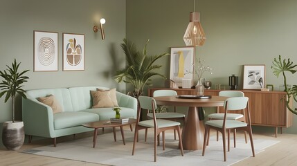 Fototapeta premium A Scandinavian mid-century home interior design of a modern living room with a mint color sofa and chairs positioned around around wooden dining table. 