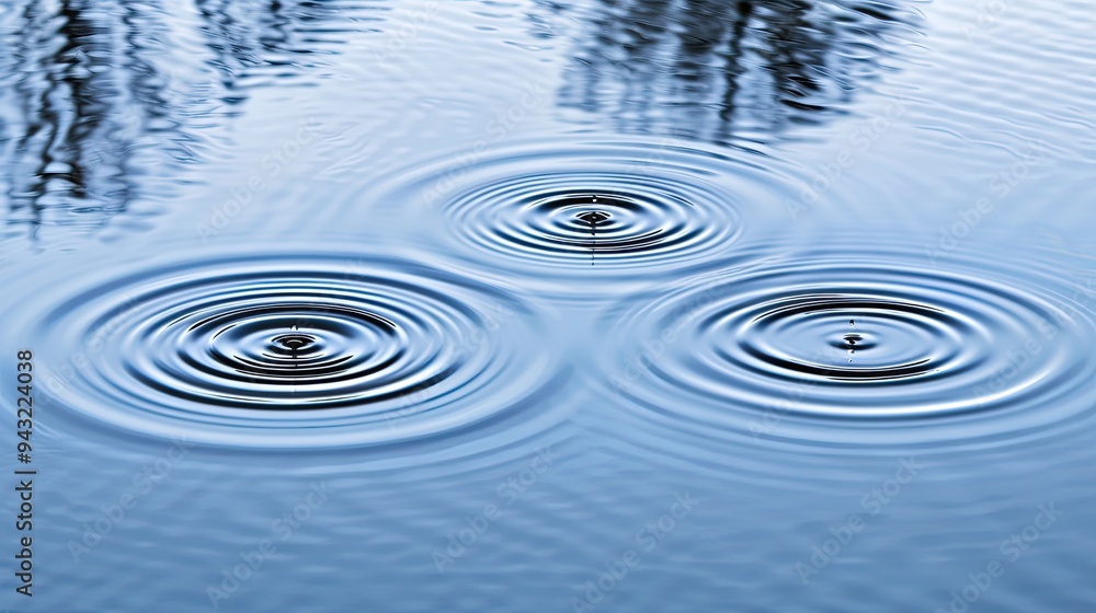 Poster raindrops create beautiful patterns on calm water, forming ripples and splashes while reflecting the