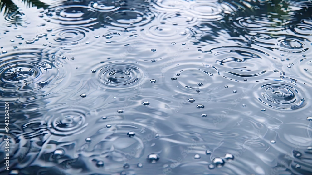 Poster raindrops gently fall, creating intricate patterns and ripples on a serene lake. reflections of rain