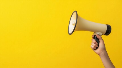 Hand holding a megaphone against a bright yellow background, ready to amplify voices in a public discussion or announcement