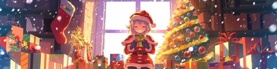 Joyful Anime Girl in Santa Costume Surrounded by Colorful Gifts and Decorated Christmas Tree. Festive Holiday Scene with Snowfall Outside. Perfect for Seasonal Advertising, Children's Books, and Cheer