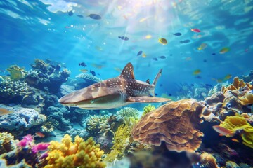 Obraz premium Underwater - Blue Tropical Seabed With Reef And Sunbeam. Beautiful simple AI generated image