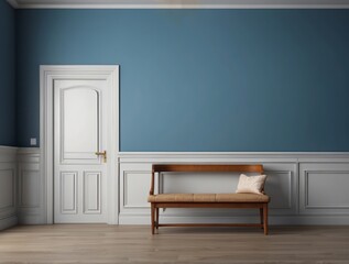 Blue Wall Interior with Bench and Door