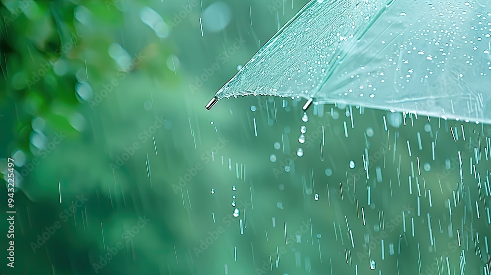Poster raindrops cling to the surface of a transparent umbrella while falling rain creates a soothing atmos